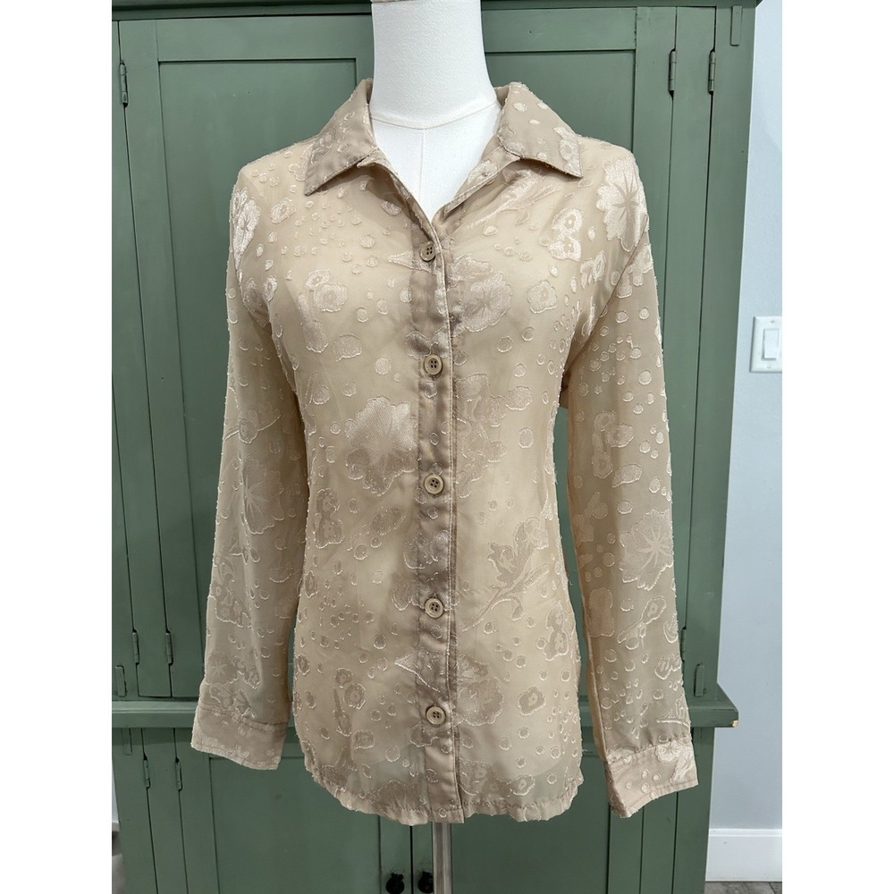 Women's Semi Sheer Embroidered Button Up Blouse Size M Neutral‎ Natural Earthy